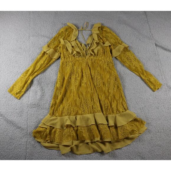 For Love & Lemons Dress Large Daphne Lace Mini Chartreuse Zip Up Lace Lined - Picture 4 of 9